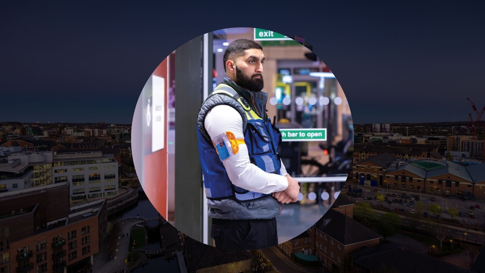 Security Guard in Leeds city background